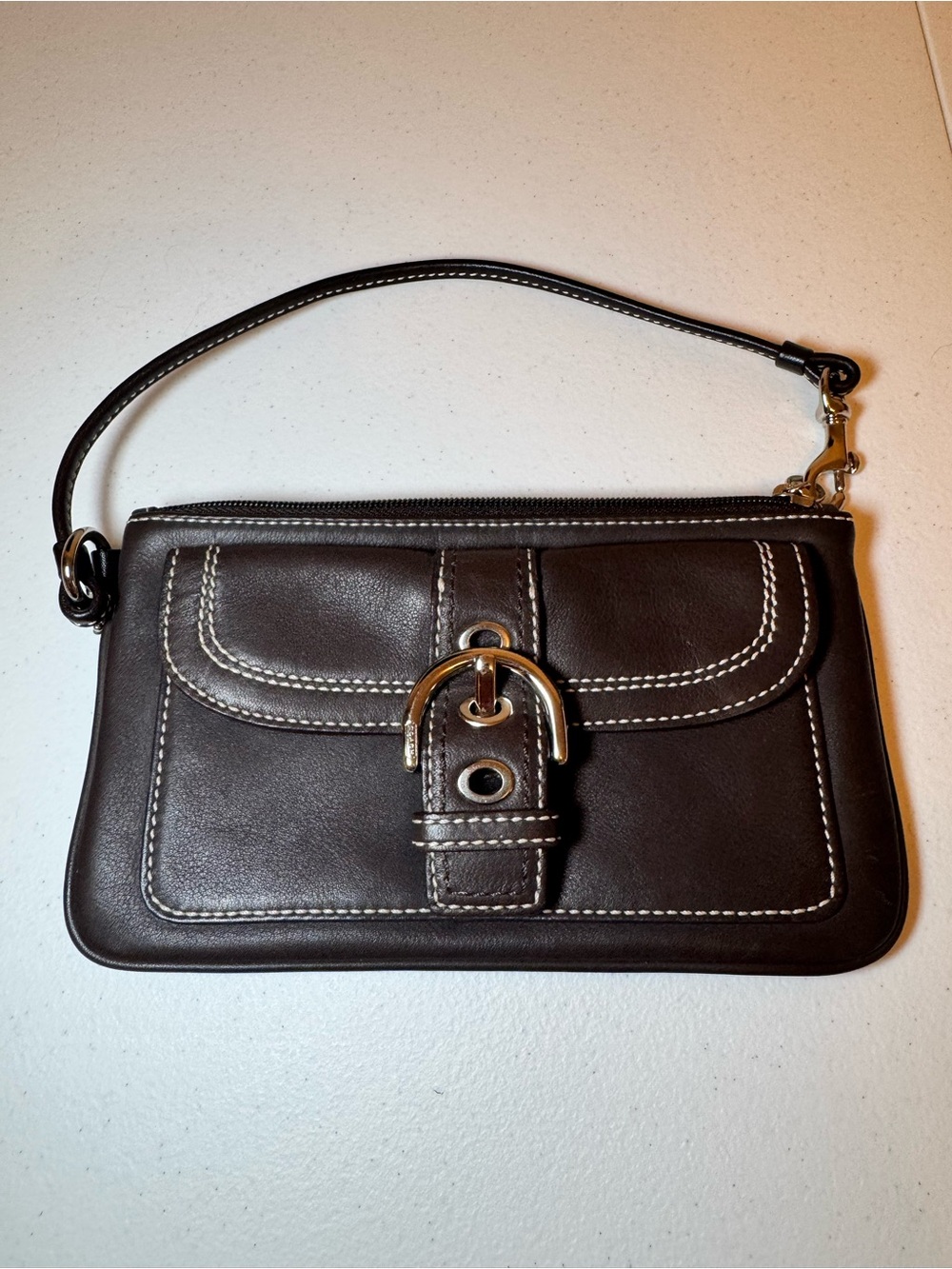 Coach Dark Brown Leather Wristlet with Gold Buckle